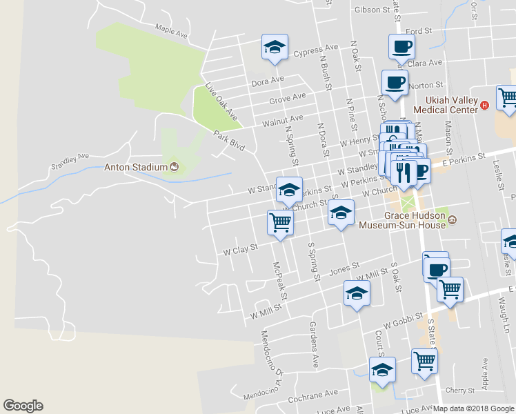map of restaurants, bars, coffee shops, grocery stores, and more near 1019 West Perkins Street in Ukiah