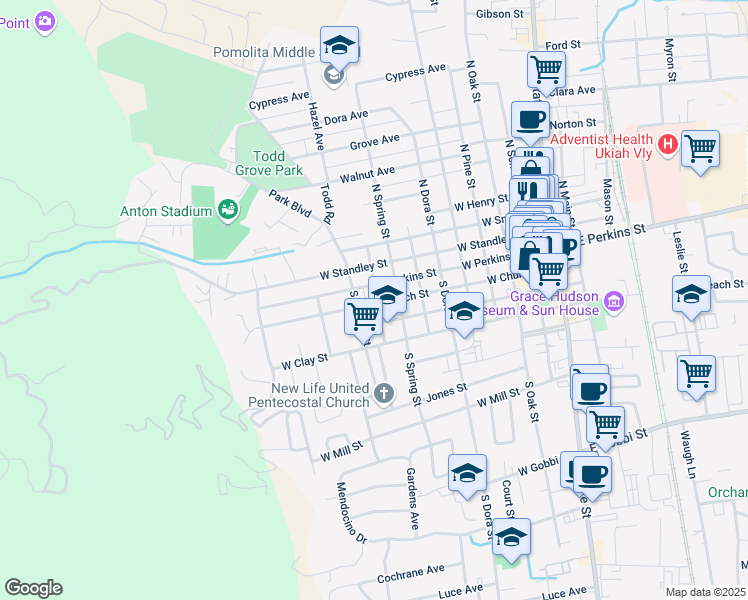 map of restaurants, bars, coffee shops, grocery stores, and more near 910 West Church Street in Ukiah