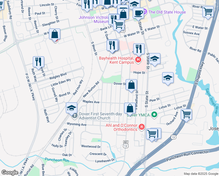 map of restaurants, bars, coffee shops, grocery stores, and more near 820 Sunset Terrace in Dover