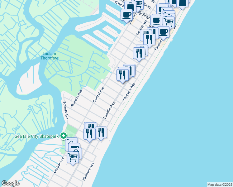 map of restaurants, bars, coffee shops, grocery stores, and more near 5112 Landis Avenue in Sea Isle City