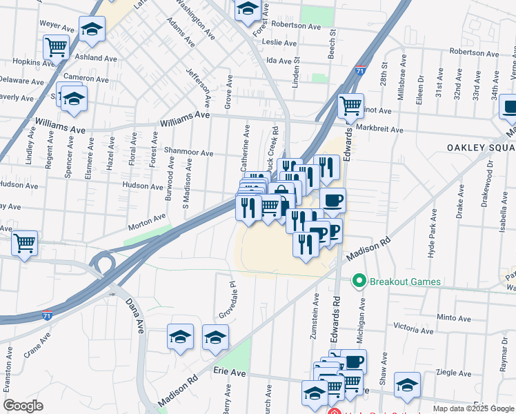 map of restaurants, bars, coffee shops, grocery stores, and more near 2633 Edmondson Road in Cincinnati