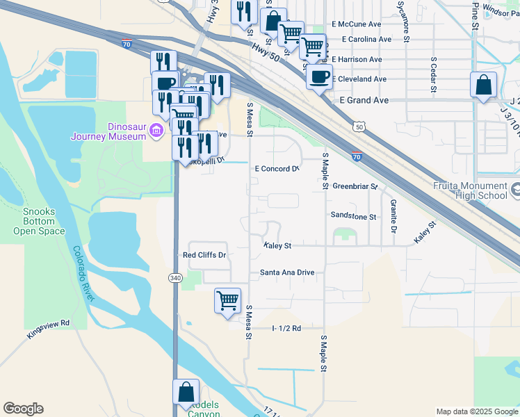 map of restaurants, bars, coffee shops, grocery stores, and more near 98 Bonnie Vista Drive in Fruita