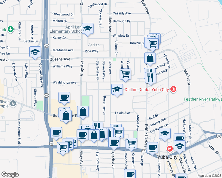 map of restaurants, bars, coffee shops, grocery stores, and more near 699 King Avenue in Yuba City