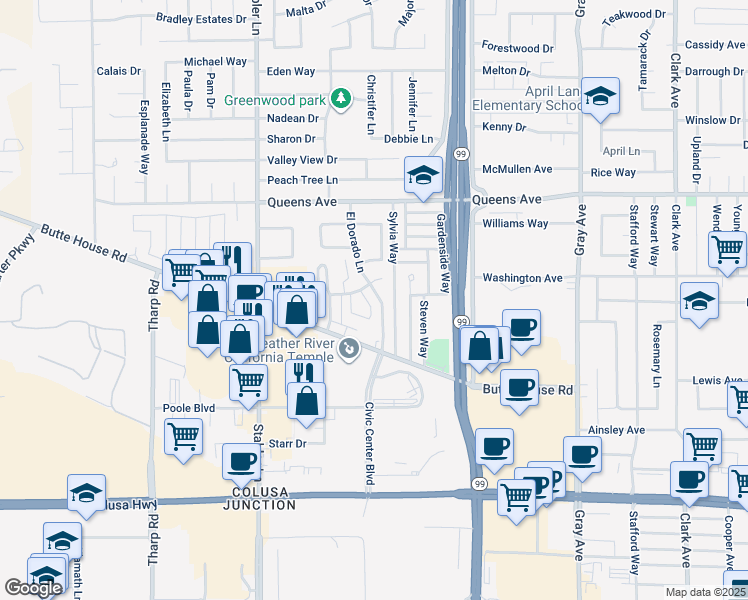 map of restaurants, bars, coffee shops, grocery stores, and more near 1390 Dustin Drive in Yuba City