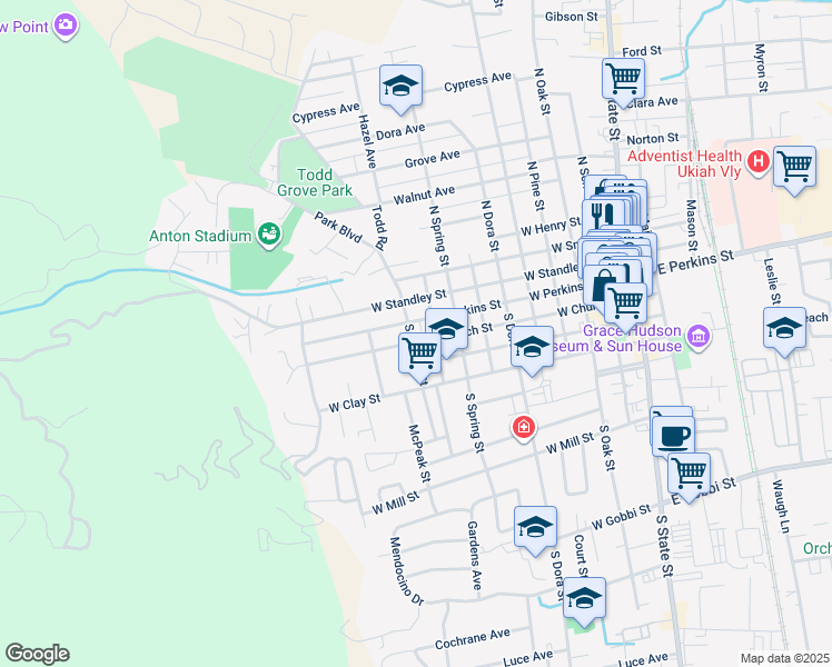 map of restaurants, bars, coffee shops, grocery stores, and more near 995 West Perkins Street in Ukiah