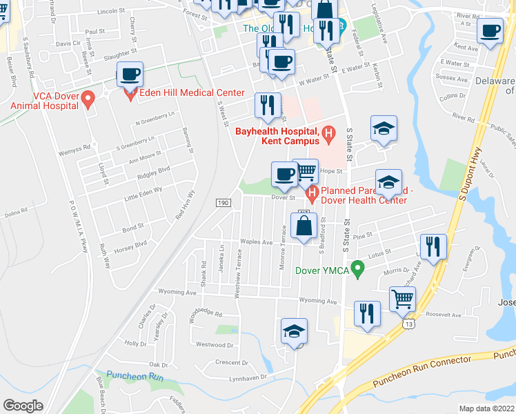 map of restaurants, bars, coffee shops, grocery stores, and more near 820 Sunset Terrace in Dover