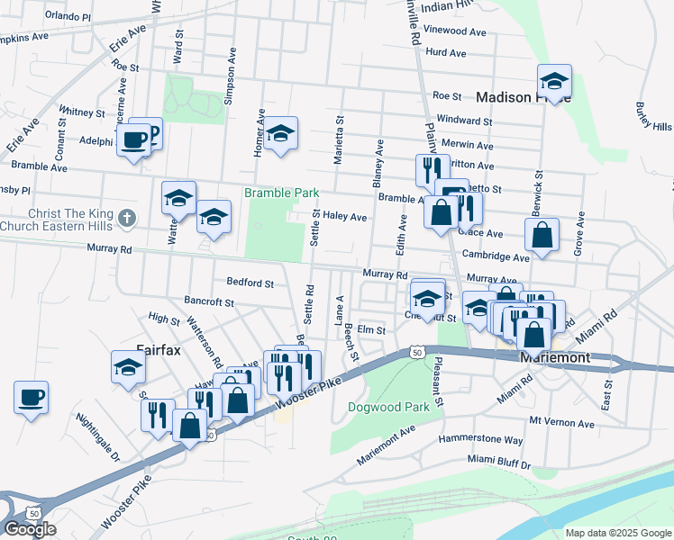 map of restaurants, bars, coffee shops, grocery stores, and more near 6510 Murray Road in Cincinnati