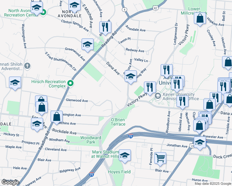 map of restaurants, bars, coffee shops, grocery stores, and more near 1029 Burton Avenue in Cincinnati