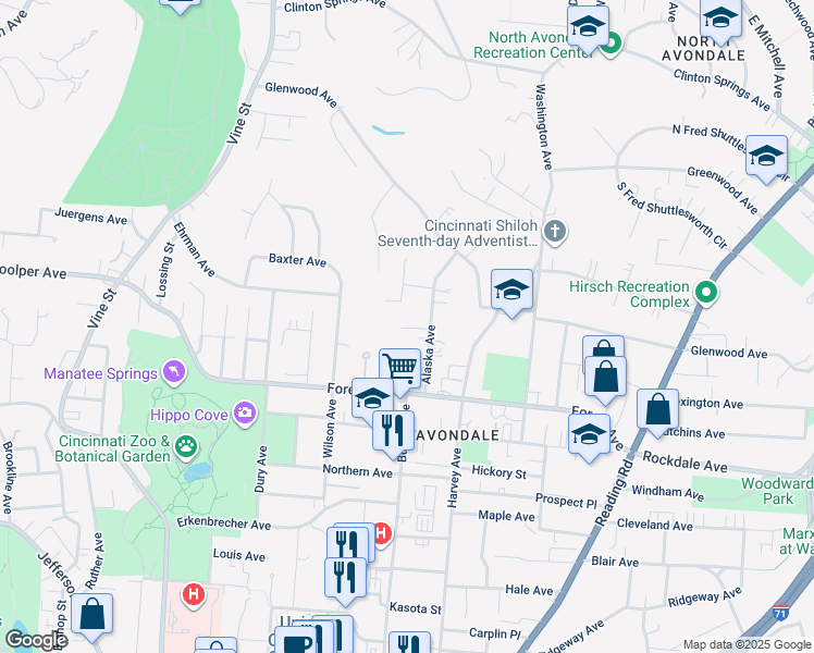 map of restaurants, bars, coffee shops, grocery stores, and more near 3585 Alaska Avenue in Cincinnati
