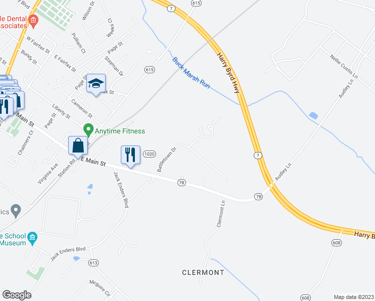 map of restaurants, bars, coffee shops, grocery stores, and more near 100 Battletown Drive in Berryville