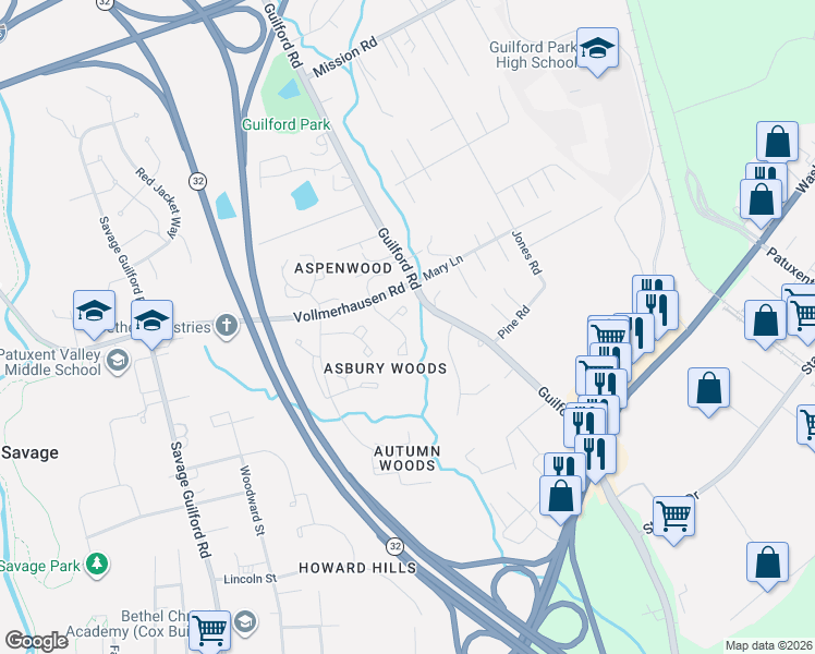 map of restaurants, bars, coffee shops, grocery stores, and more near 8869 Willowwood Way in Jessup