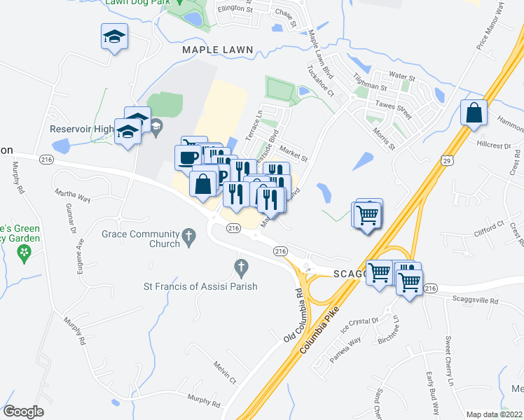 map of restaurants, bars, coffee shops, grocery stores, and more near 8180 Maple Lawn Boulevard in Fulton
