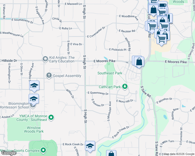 map of restaurants, bars, coffee shops, grocery stores, and more near 1625 Greenfield Court in Bloomington