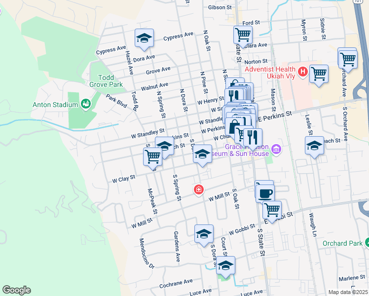 map of restaurants, bars, coffee shops, grocery stores, and more near 615 West Church Street in Ukiah