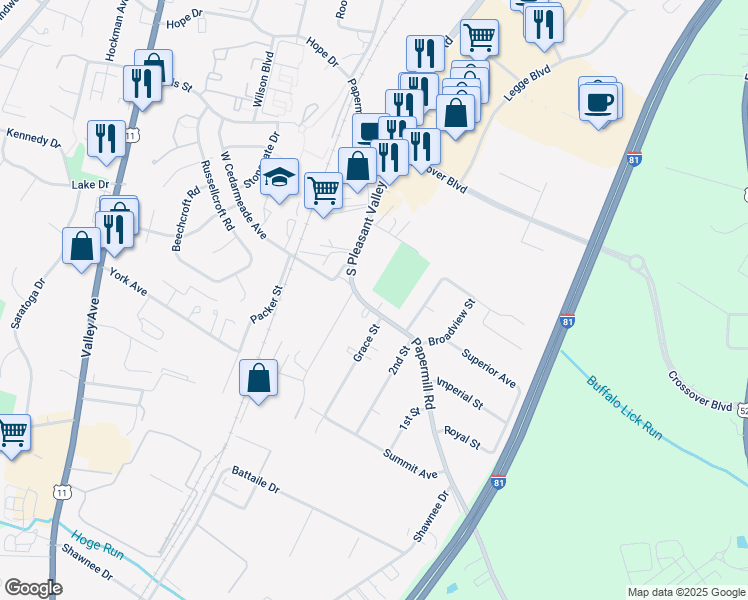 map of restaurants, bars, coffee shops, grocery stores, and more near 2824 Papermill Road in Winchester