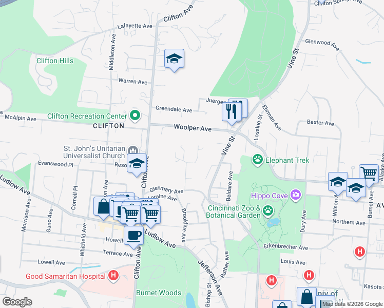 map of restaurants, bars, coffee shops, grocery stores, and more near 9 East Interwood Place in Cincinnati