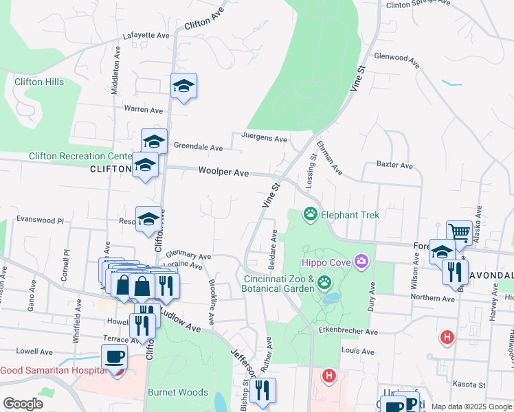 map of restaurants, bars, coffee shops, grocery stores, and more near 3589 Vine Street in Cincinnati