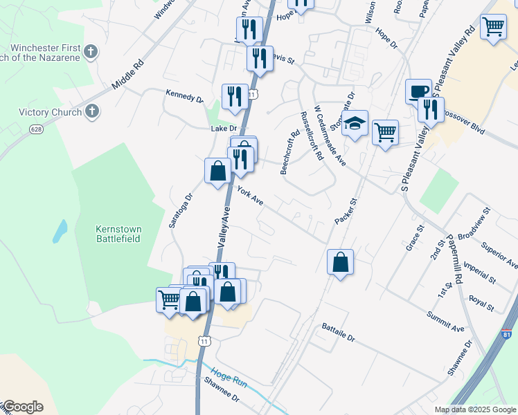 map of restaurants, bars, coffee shops, grocery stores, and more near 2905 Sorrell Court in Winchester