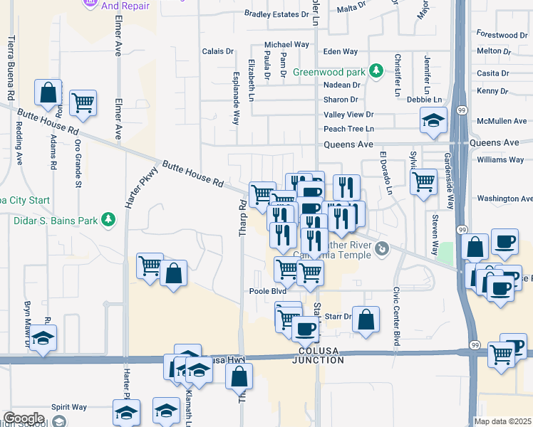 map of restaurants, bars, coffee shops, grocery stores, and more near 1465 Tharp Road in Yuba City