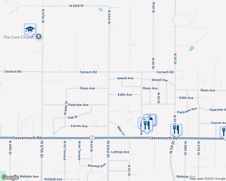map of restaurants, bars, coffee shops, grocery stores, and more near 3343 North 63rd Street in Kansas City