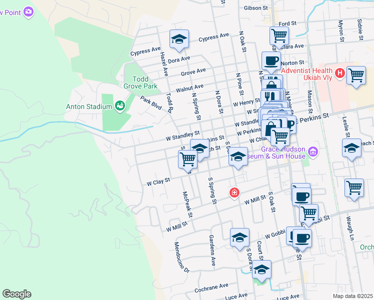 map of restaurants, bars, coffee shops, grocery stores, and more near 155 South Barnes Street in Ukiah