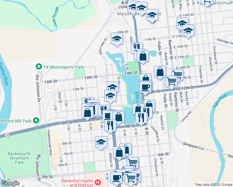 map of restaurants, bars, coffee shops, grocery stores, and more near 1219 High Street in Marysville