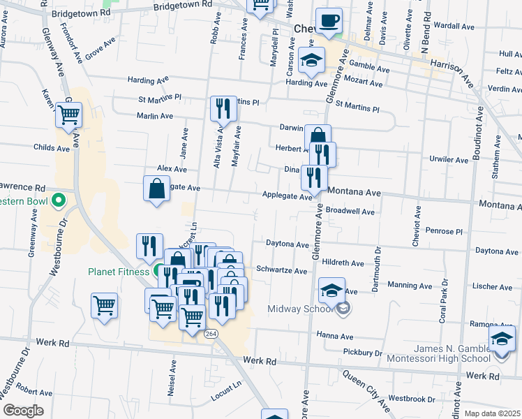 map of restaurants, bars, coffee shops, grocery stores, and more near 3346 Lakeview Street in Cincinnati