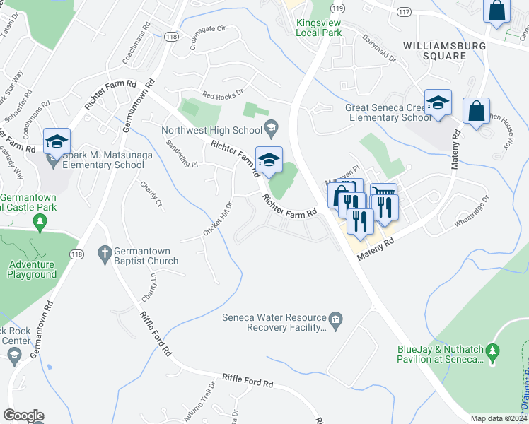 map of restaurants, bars, coffee shops, grocery stores, and more near 13405 Smokewood Terrace in Germantown