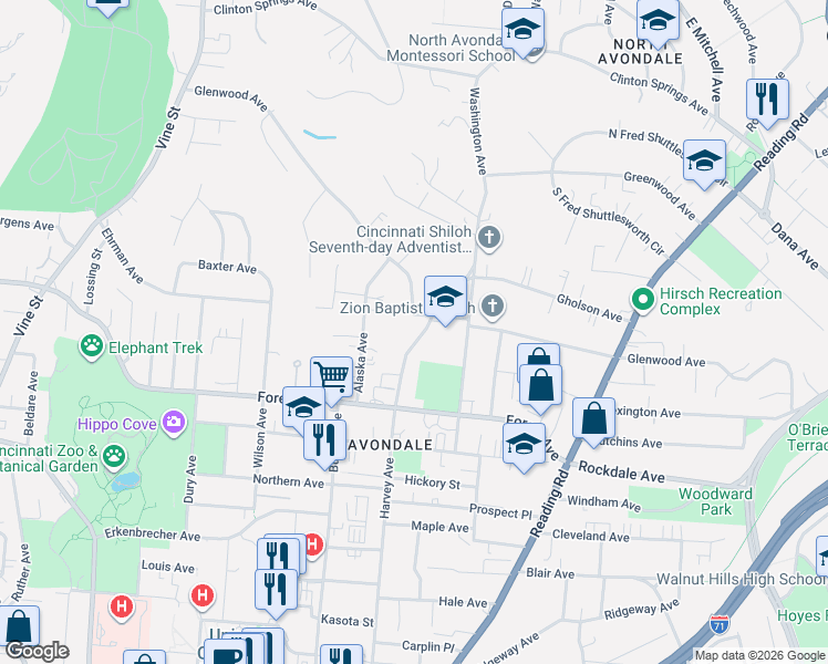 map of restaurants, bars, coffee shops, grocery stores, and more near 3603 Harvey Avenue in Cincinnati
