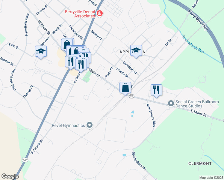 map of restaurants, bars, coffee shops, grocery stores, and more near 5 Virginia Avenue in Berryville