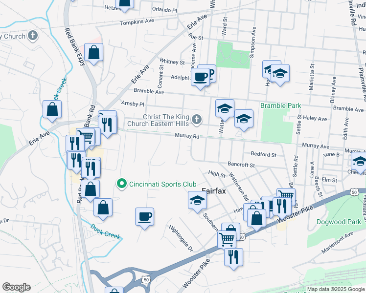 map of restaurants, bars, coffee shops, grocery stores, and more near 5701 Murray Road in Cincinnati