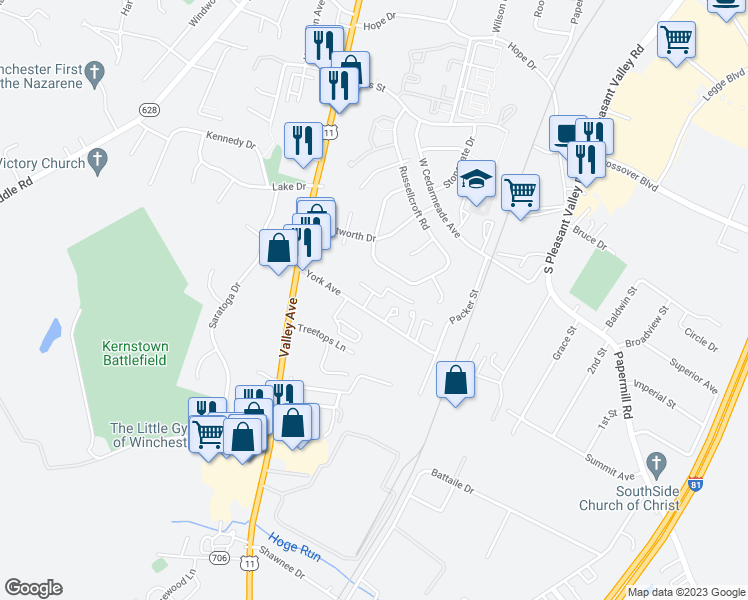 map of restaurants, bars, coffee shops, grocery stores, and more near 506 Yorktowne Place in Winchester