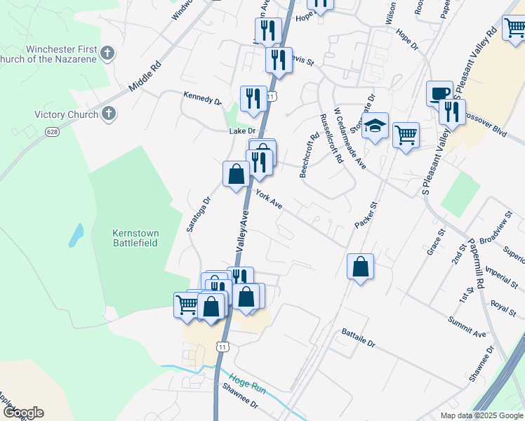 map of restaurants, bars, coffee shops, grocery stores, and more near 573 York Avenue in Winchester