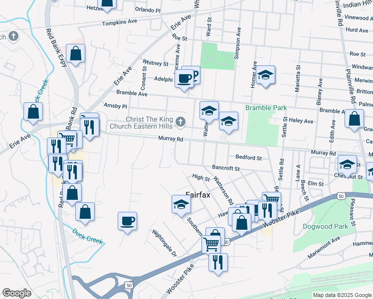 map of restaurants, bars, coffee shops, grocery stores, and more near 3989 South Whetzel Avenue in Cincinnati