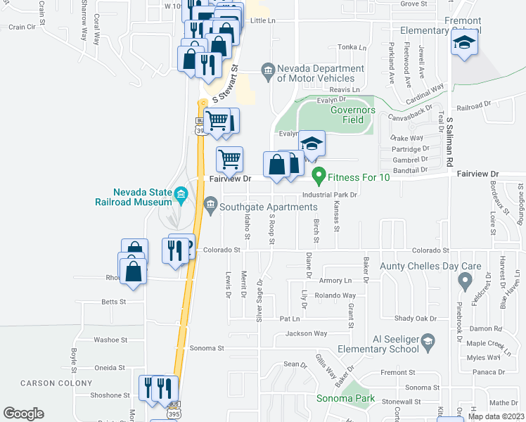 map of restaurants, bars, coffee shops, grocery stores, and more near 2073 East Sheffield Manor in Carson City