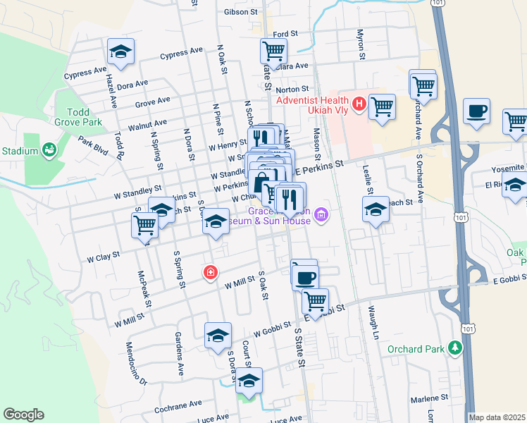 map of restaurants, bars, coffee shops, grocery stores, and more near 207 W Stephenson St in Ukiah