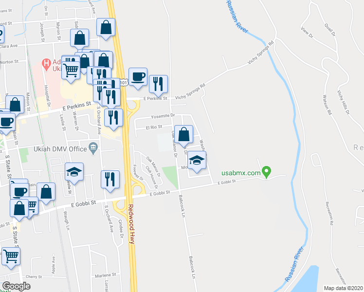 map of restaurants, bars, coffee shops, grocery stores, and more near 380 Pomo Drive in Ukiah