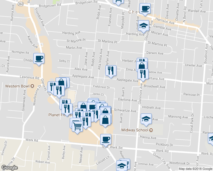 map of restaurants, bars, coffee shops, grocery stores, and more near 3584 Fieldcrest Drive in Cincinnati