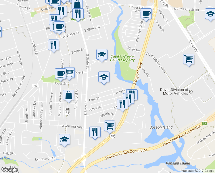 map of restaurants, bars, coffee shops, grocery stores, and more near 955 South State Street in Dover