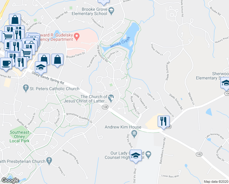 map of restaurants, bars, coffee shops, grocery stores, and more near 2102 Bishops Castle Drive in Olney