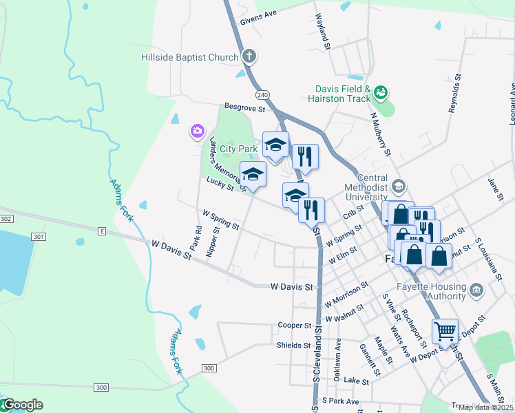 map of restaurants, bars, coffee shops, grocery stores, and more near 704 Lucky Street in Fayette