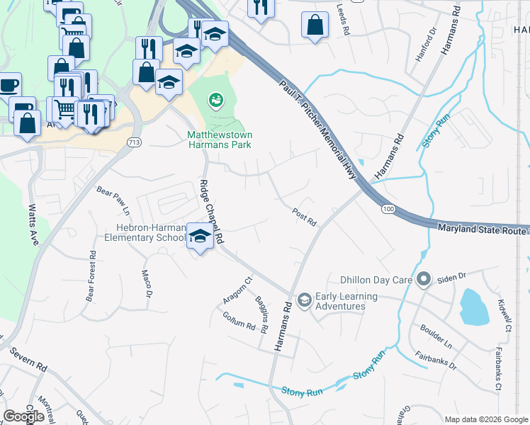 map of restaurants, bars, coffee shops, grocery stores, and more near 1312 Sewell Farm Drive in Hanover