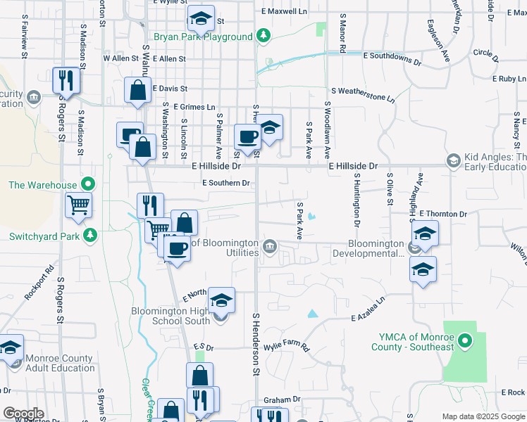 map of restaurants, bars, coffee shops, grocery stores, and more near 1707 South Pinestone Court in Bloomington