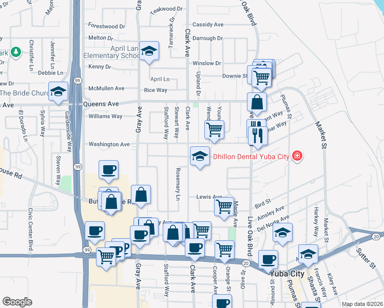 map of restaurants, bars, coffee shops, grocery stores, and more near 699 King Avenue in Yuba City