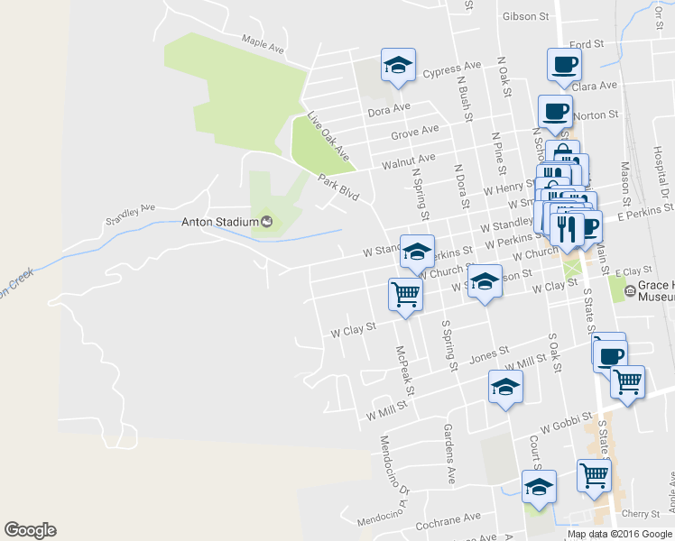 map of restaurants, bars, coffee shops, grocery stores, and more near 1124 West Perkins Street in Ukiah
