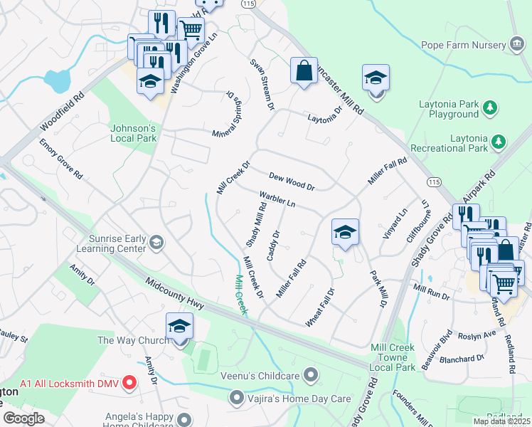 map of restaurants, bars, coffee shops, grocery stores, and more near 17805 Shady Mill Road in Rockville