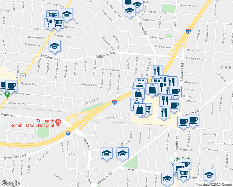map of restaurants, bars, coffee shops, grocery stores, and more near 3821 South Jefferson Avenue in Cincinnati
