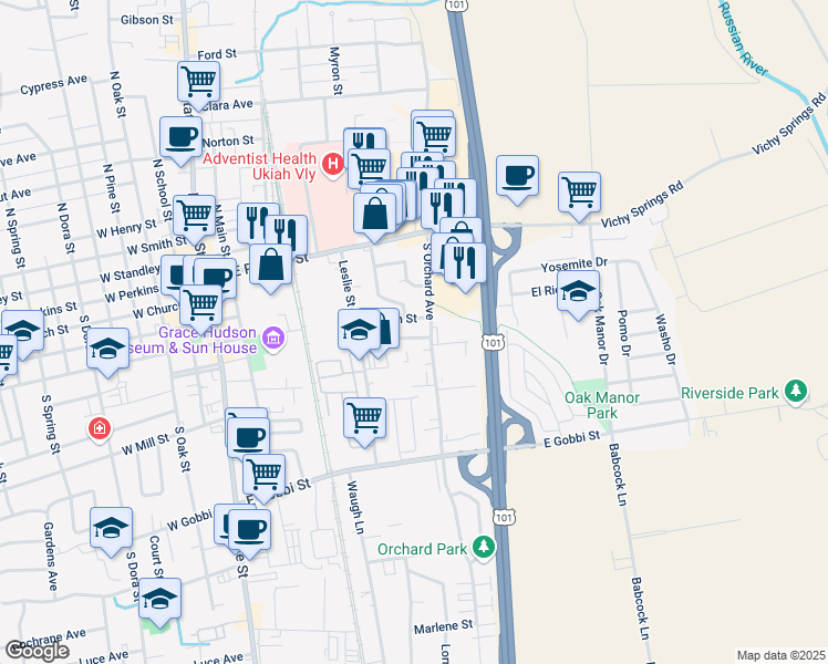 map of restaurants, bars, coffee shops, grocery stores, and more near 536 Plum Street in Ukiah