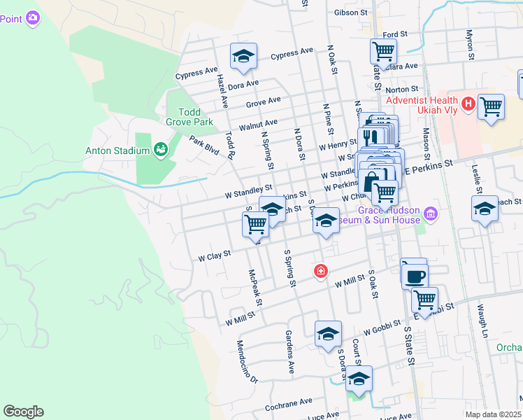 map of restaurants, bars, coffee shops, grocery stores, and more near 995 West Perkins Street in Ukiah