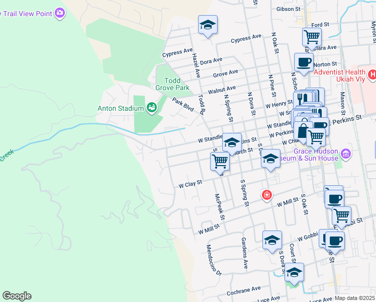 map of restaurants, bars, coffee shops, grocery stores, and more near 1124 West Perkins Street in Ukiah